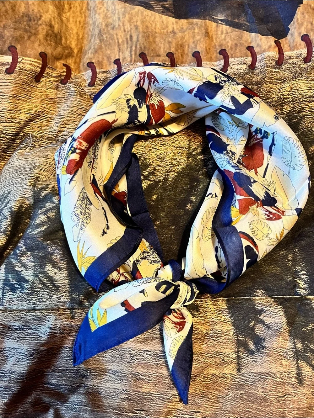 Floral Border Silk-Feel Neck Scarf in Navy and Cream